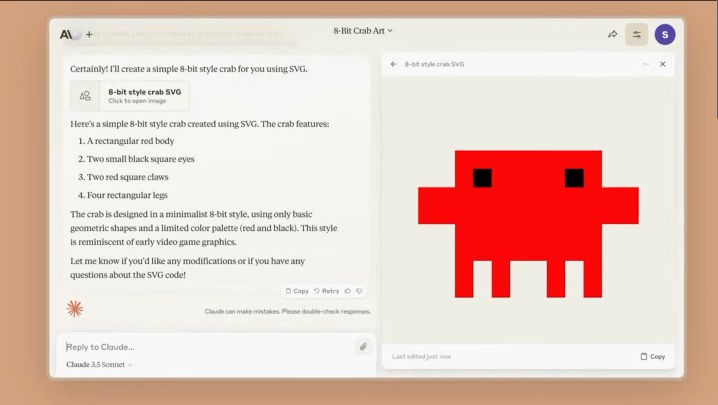 Una captura de pantalla del soneto de Claude 3.5, con un cangrejo de 8 bits.