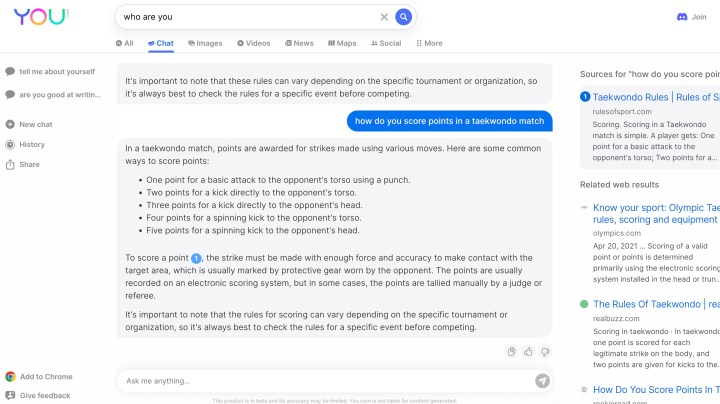 YouChat se muestra en una ventana respondiendo una pregunta sobre Taekwondo.