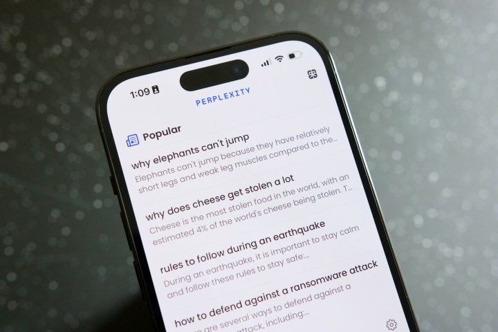 Aplicación Perplexity AI ejecutándose en un iPhone 14 Pro.