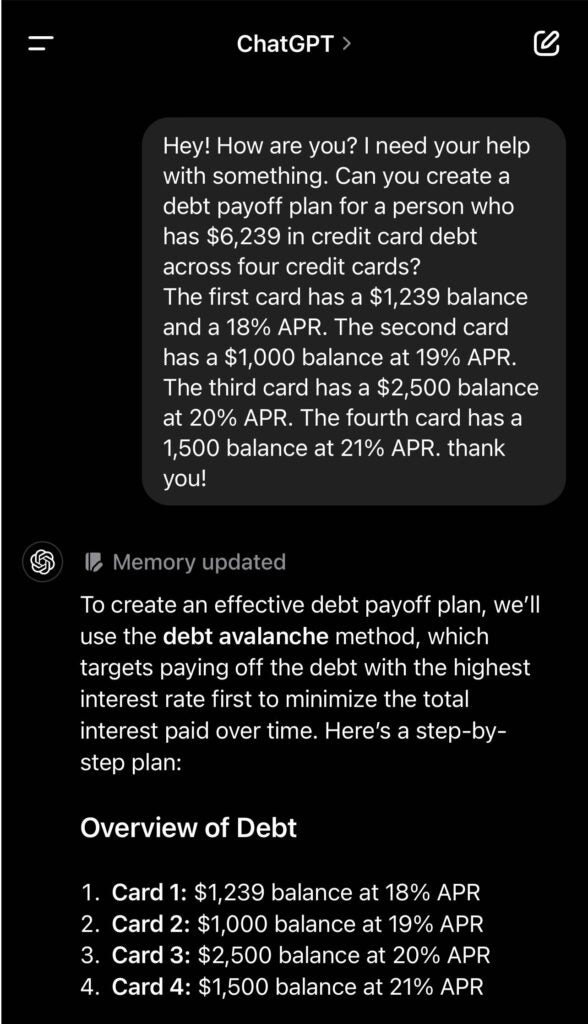 Captura de pantalla solicitando a ChatGPT un plan de pago de deuda