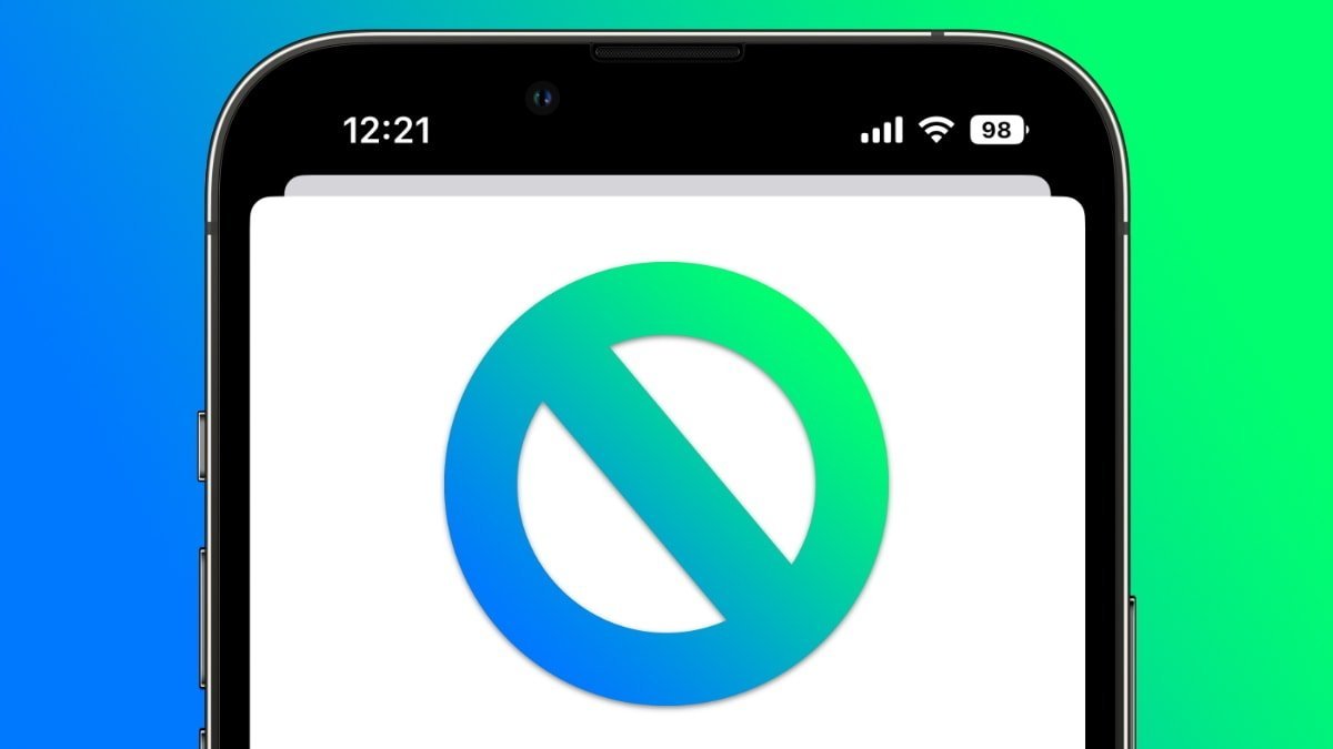 Pantalla de teléfono inteligente que muestra un símbolo de prohibición degradado de azul a verde sobre un fondo blanco, con un vibrante fondo azul-verde.