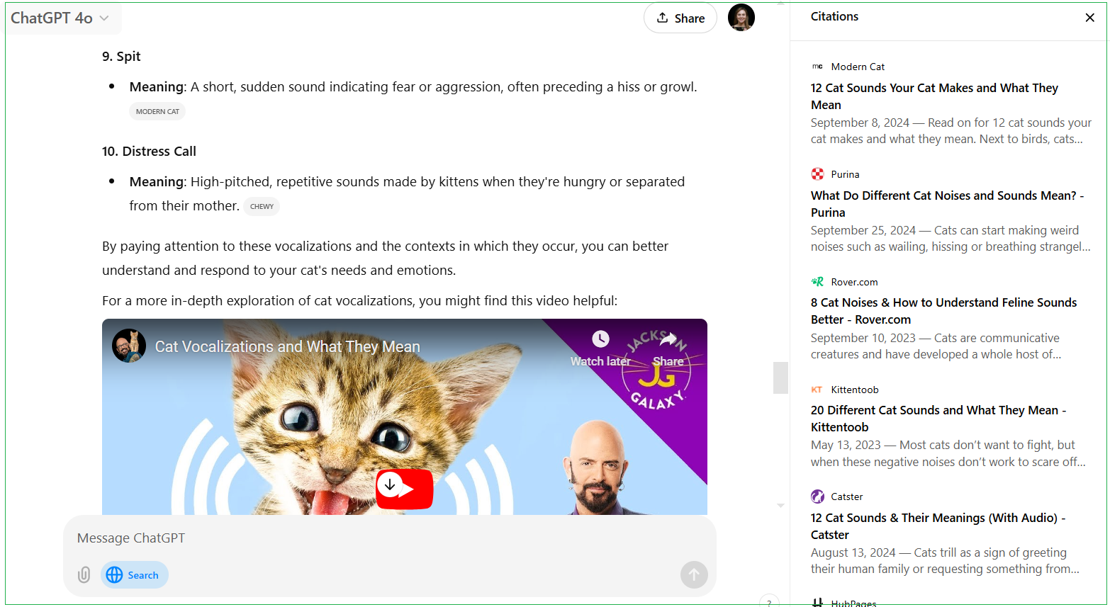 La búsqueda de ChatGPT responde a una pregunta sobre el significado de los sonidos de los gatos, incorporando un vídeo y enlazando a fuentes al costado.