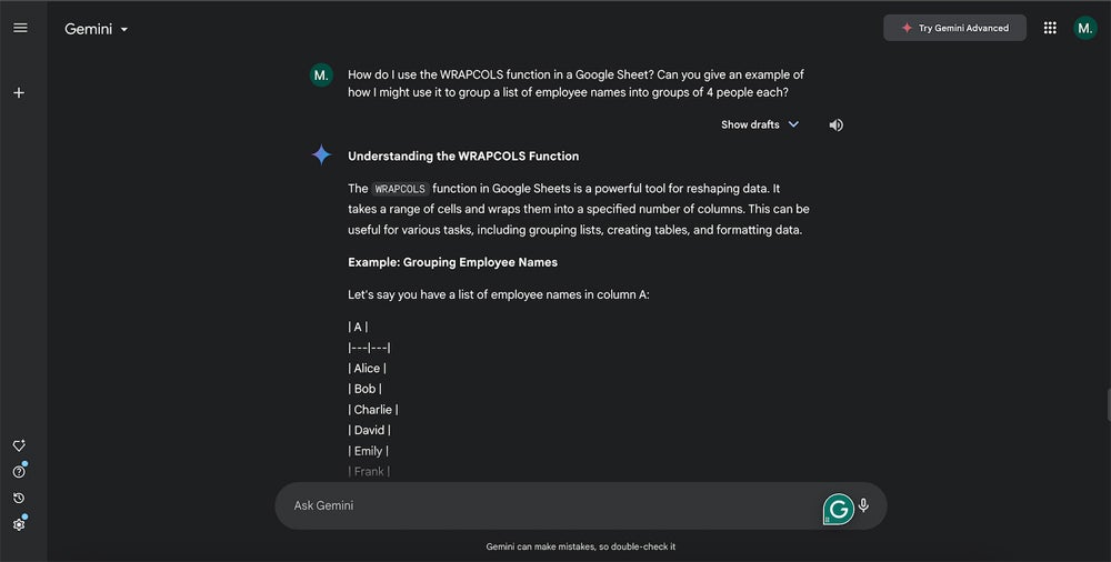 Gemini explica y da ejemplos sobre cómo se utiliza la función WRAPCOLS.