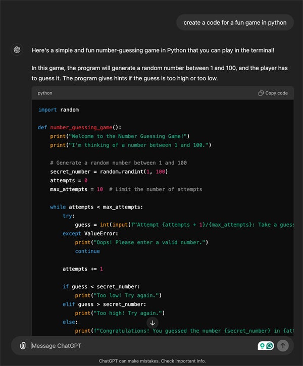 ChatGPT sample programming code output.