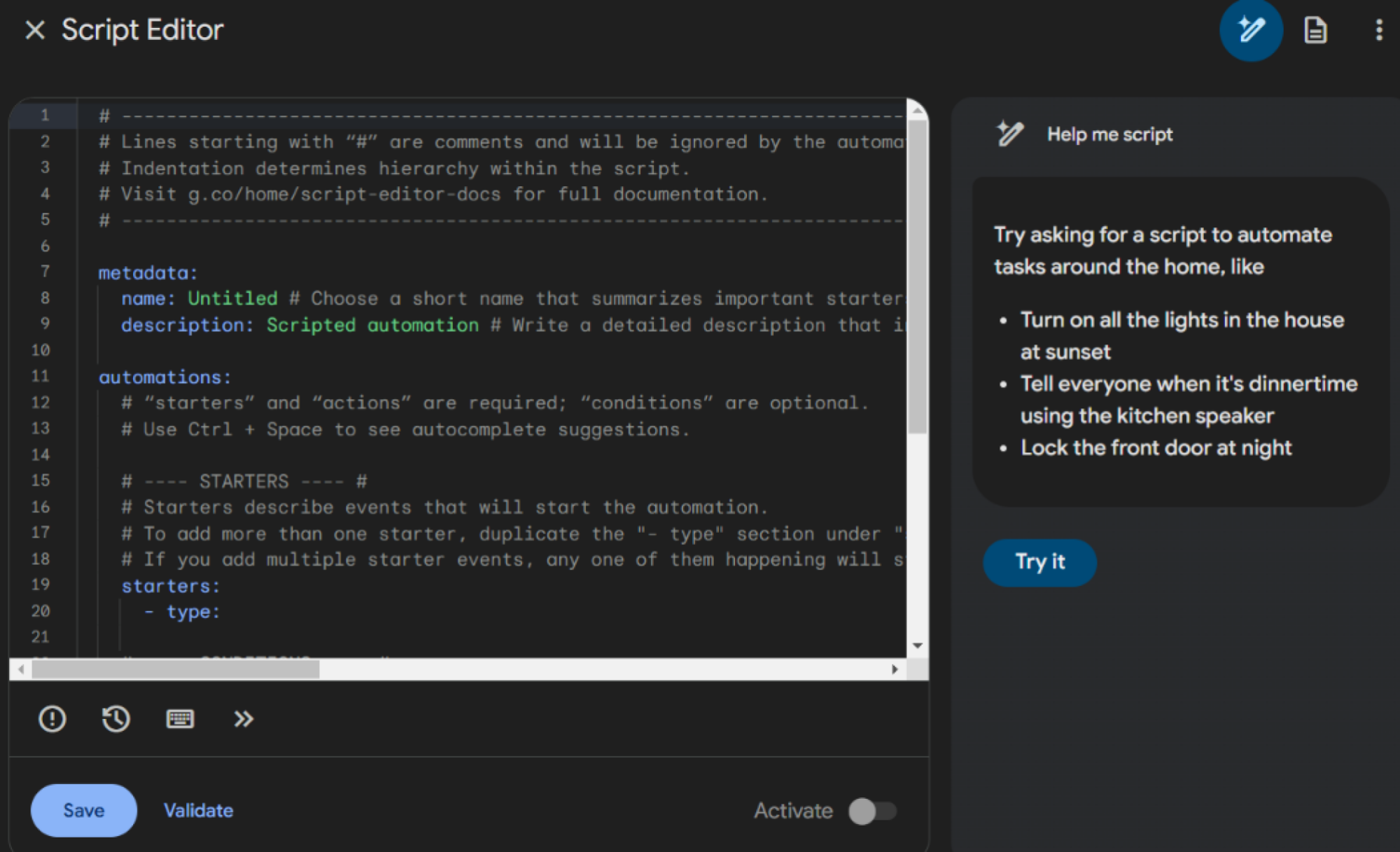 Inicio del editor de scripts con panel Gemini