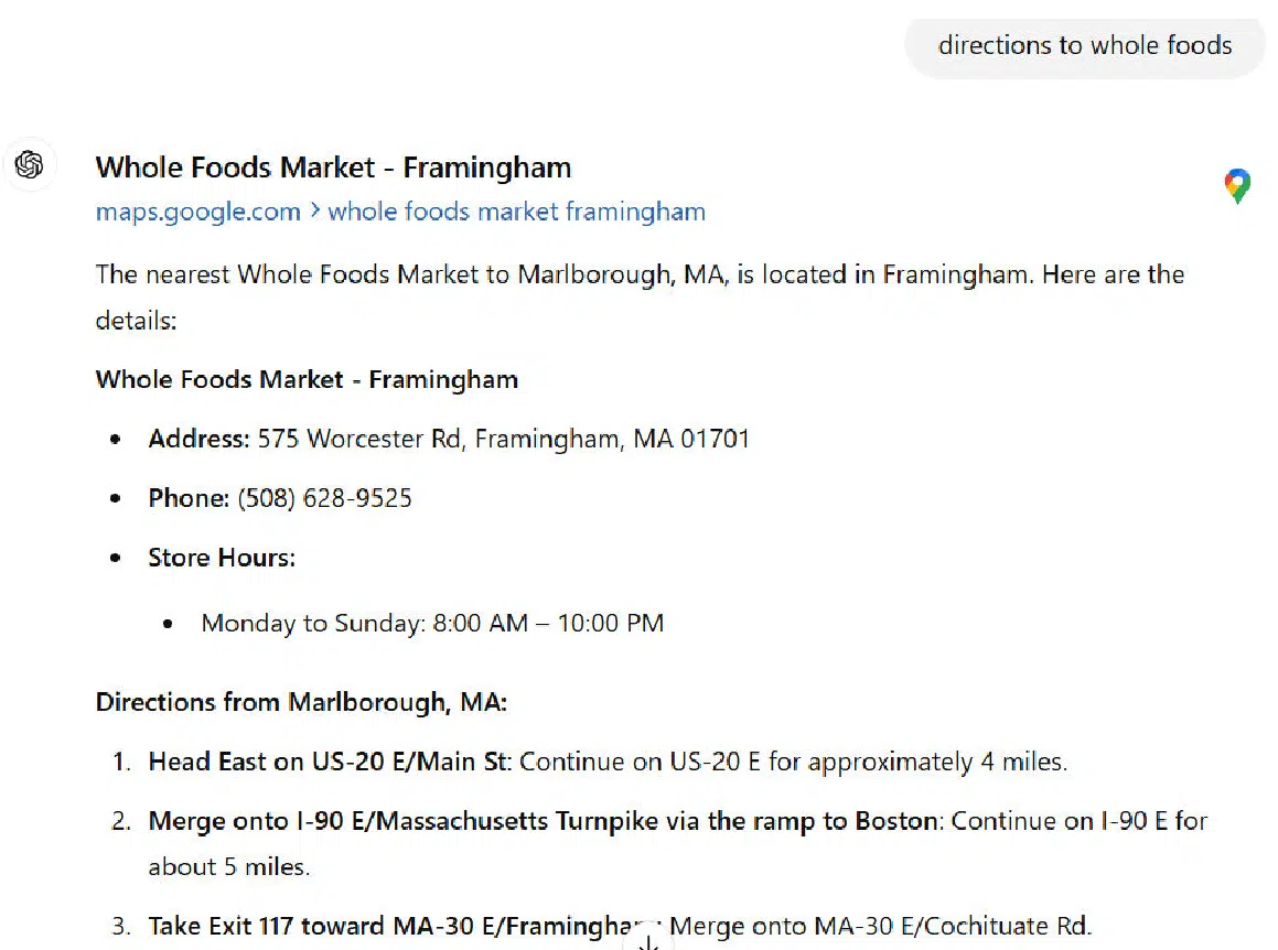 ChatGPT search - directions to Whole Foods