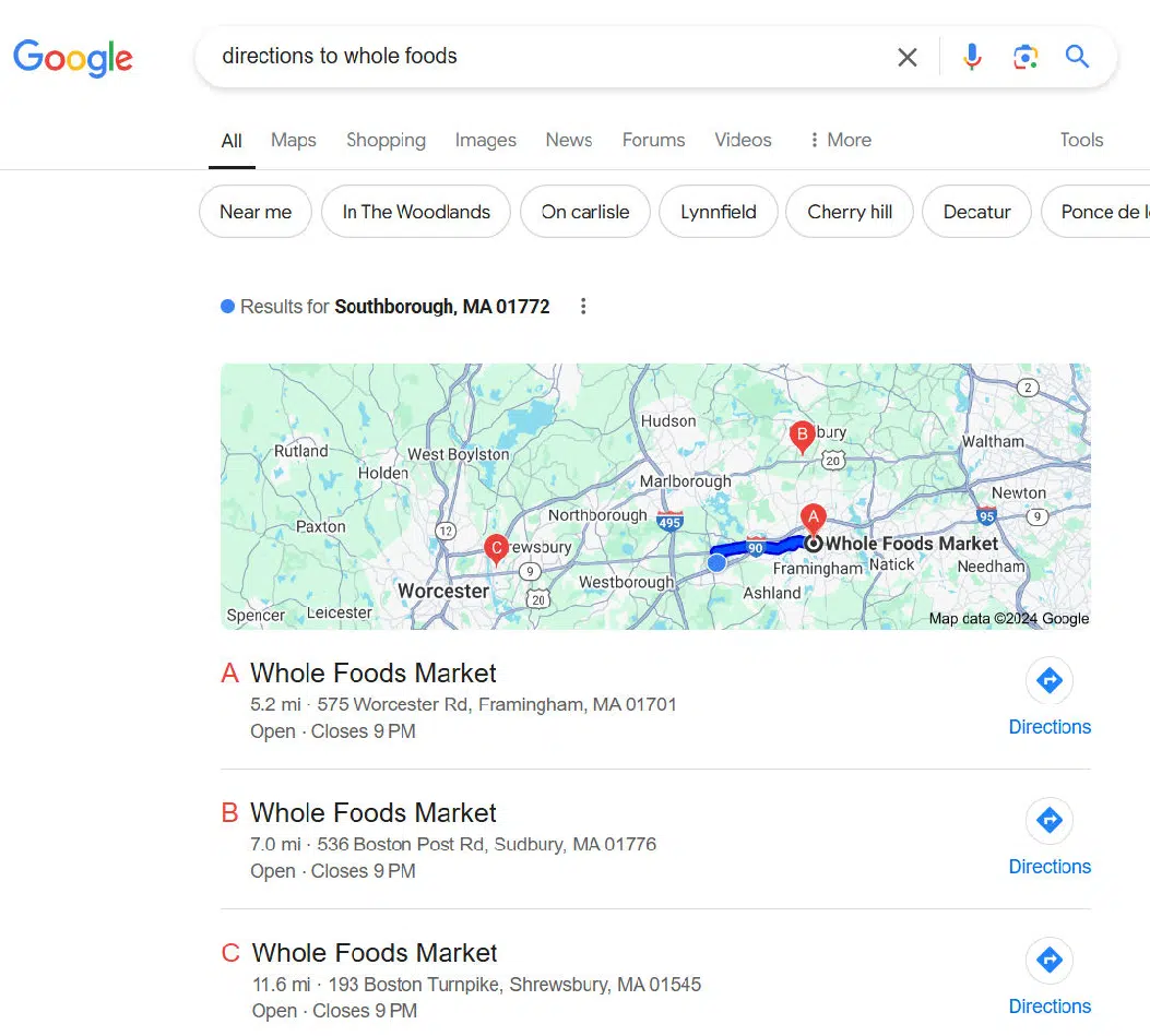 Google search - directions to Whole Foods