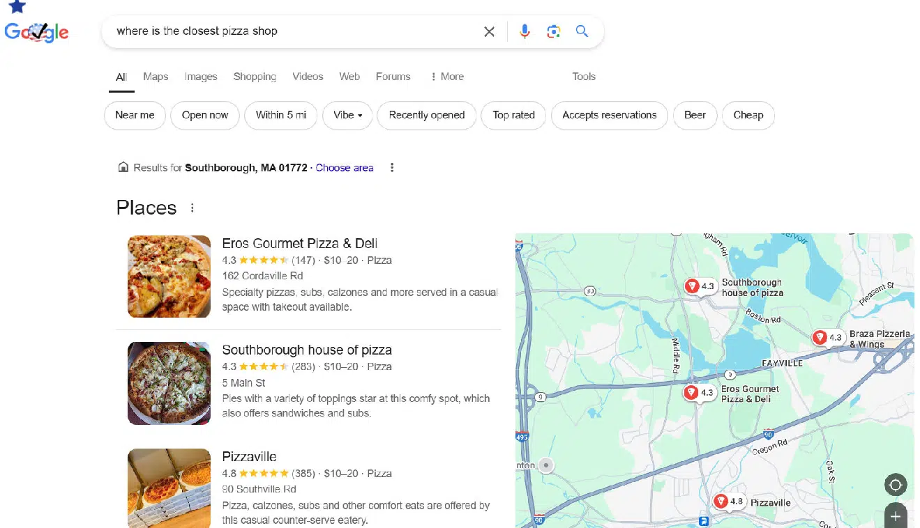 Google search - where is the closest pizza shop