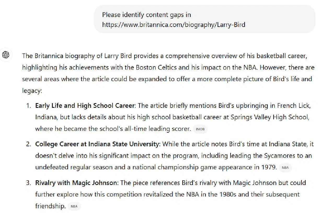 ChatGPT search - content gap analysis example with errors
