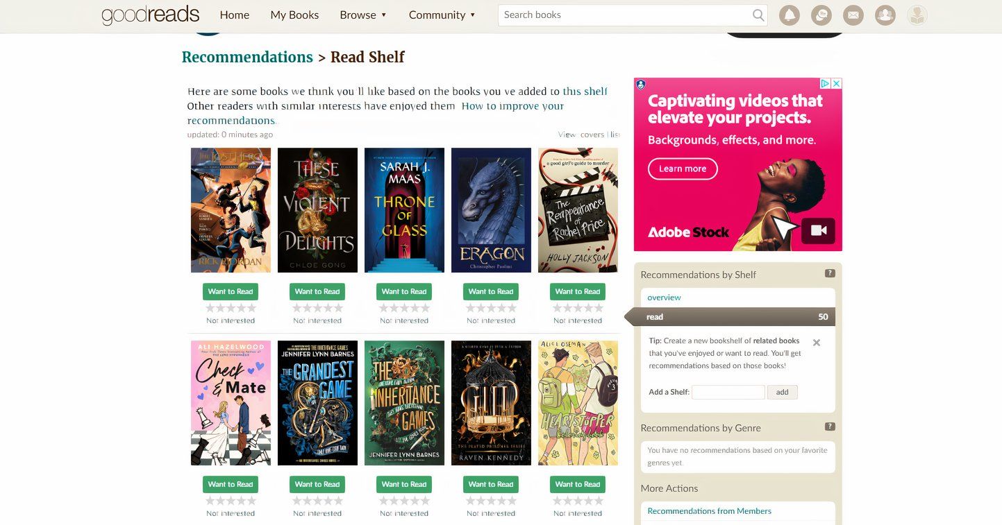 Lista de recomendaciones de Goodreads que muestra varios libros.