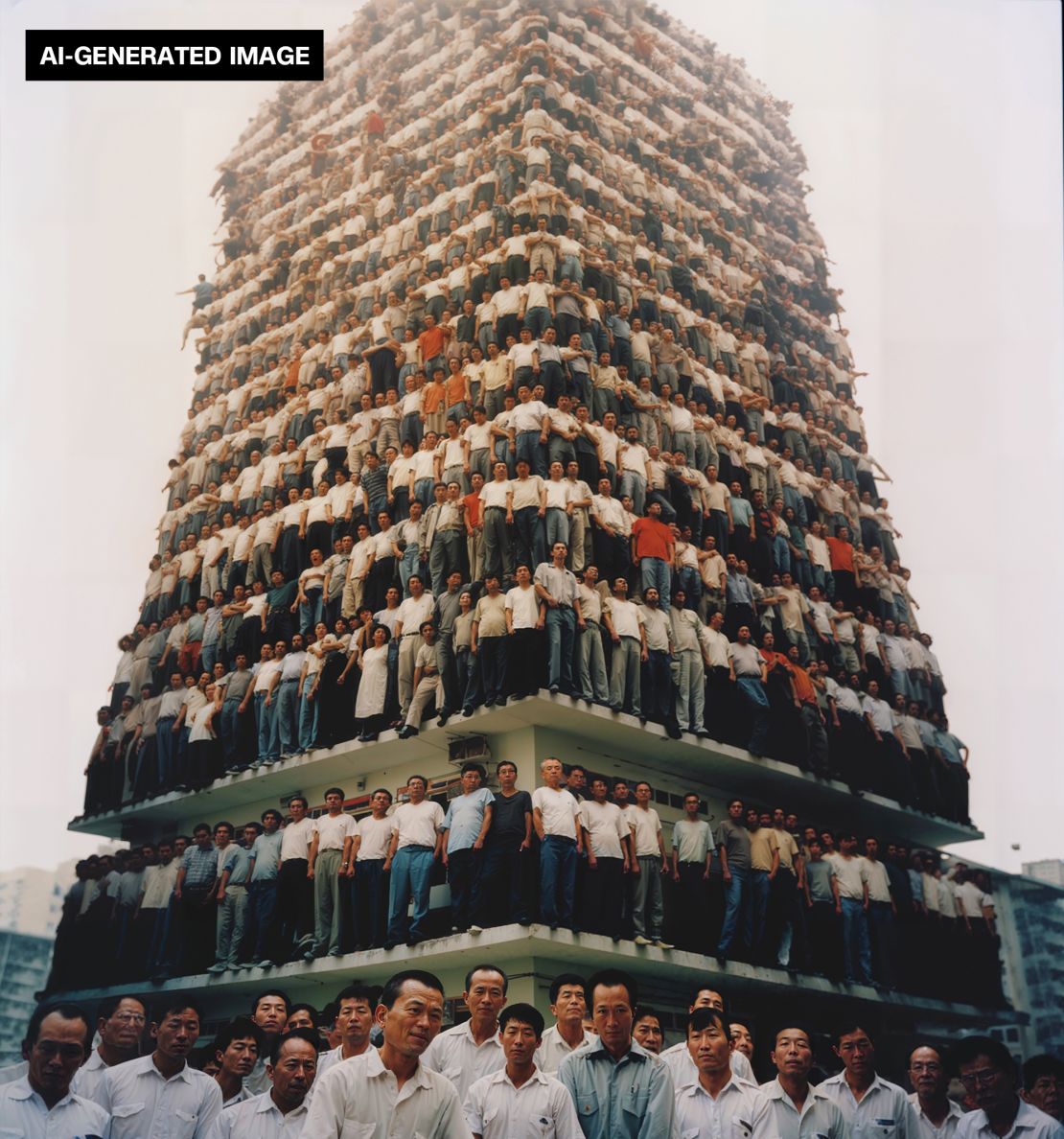 En “Sobrepoblación”, una torre de personas de aspecto precario se encuentra hombro con hombro. La Ciudad Amurallada de Kowloon “no era una monstruosidad de hormigón y acero”, dijo Tse, sino más bien “un organismo complejo tejido con narrativas humanas resilientes”.