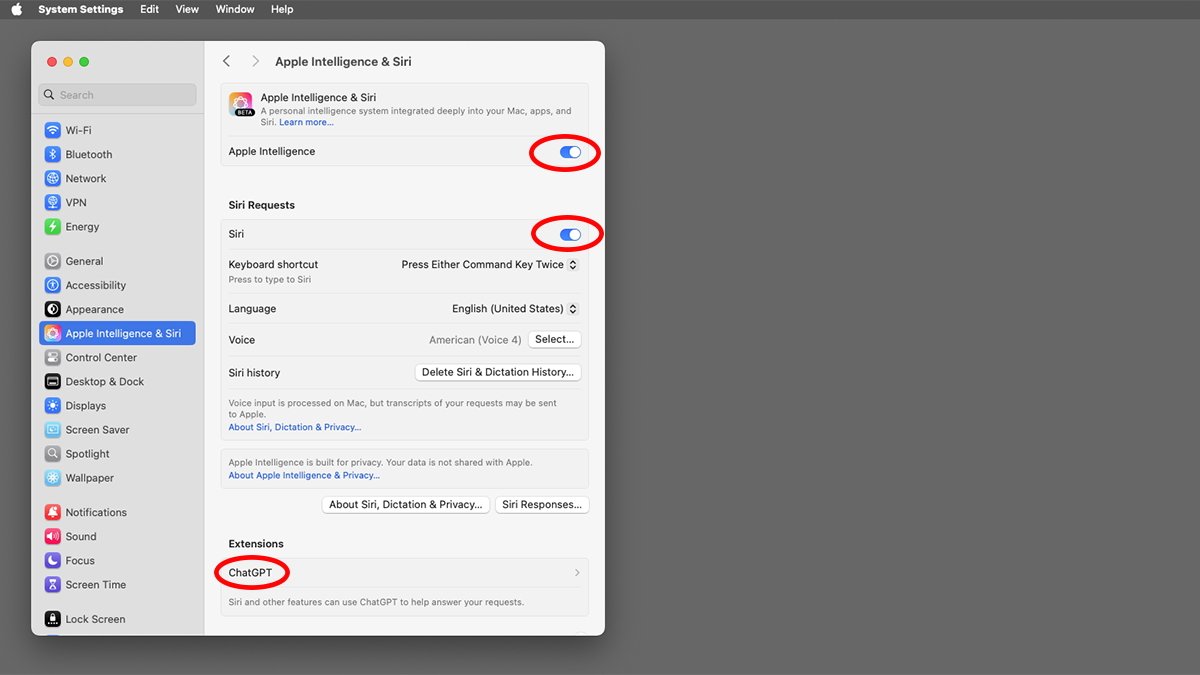 Utilice los controles deslizantes en Configuración del sistema para activar o desactivar Apple Intelligence y Siri.