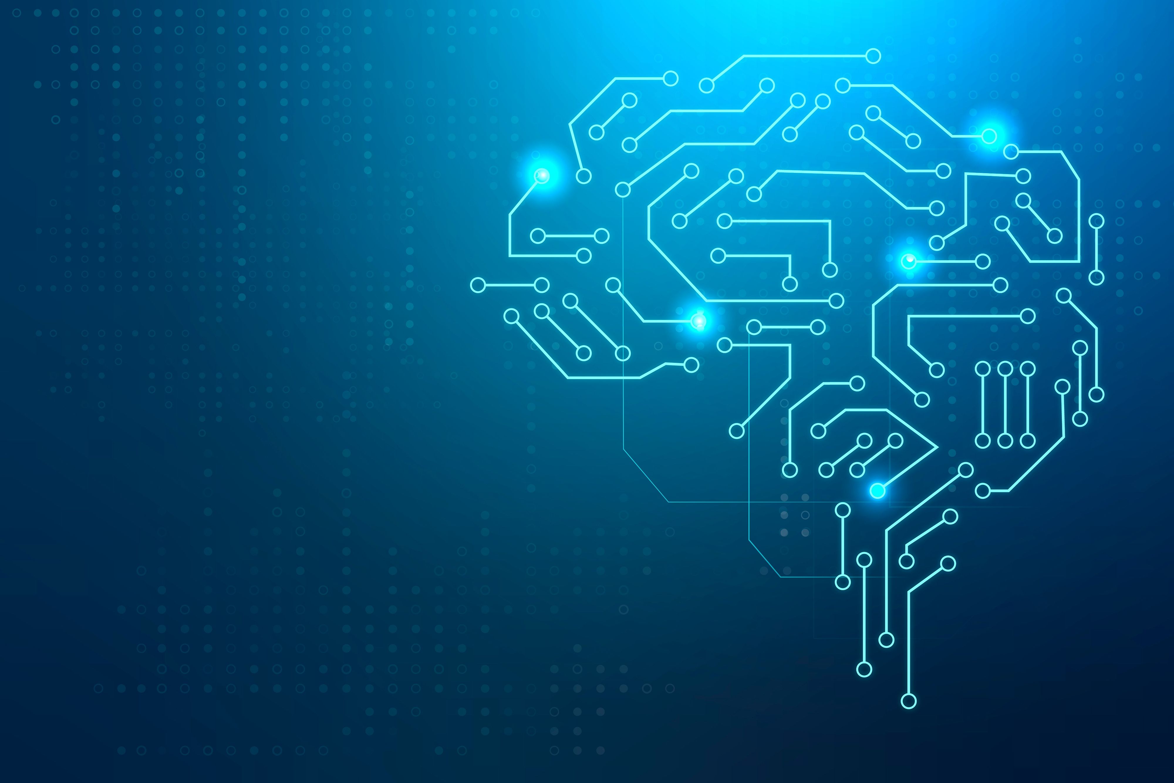 Ilustración digital de una red de circuitos con forma de cerebro sobre un fondo azul oscuro, que simboliza el concepto de inteligencia artificial y aprendizaje automático, con puntos de conexión brillantes que representan la actividad neuronal o el procesamiento de datos.