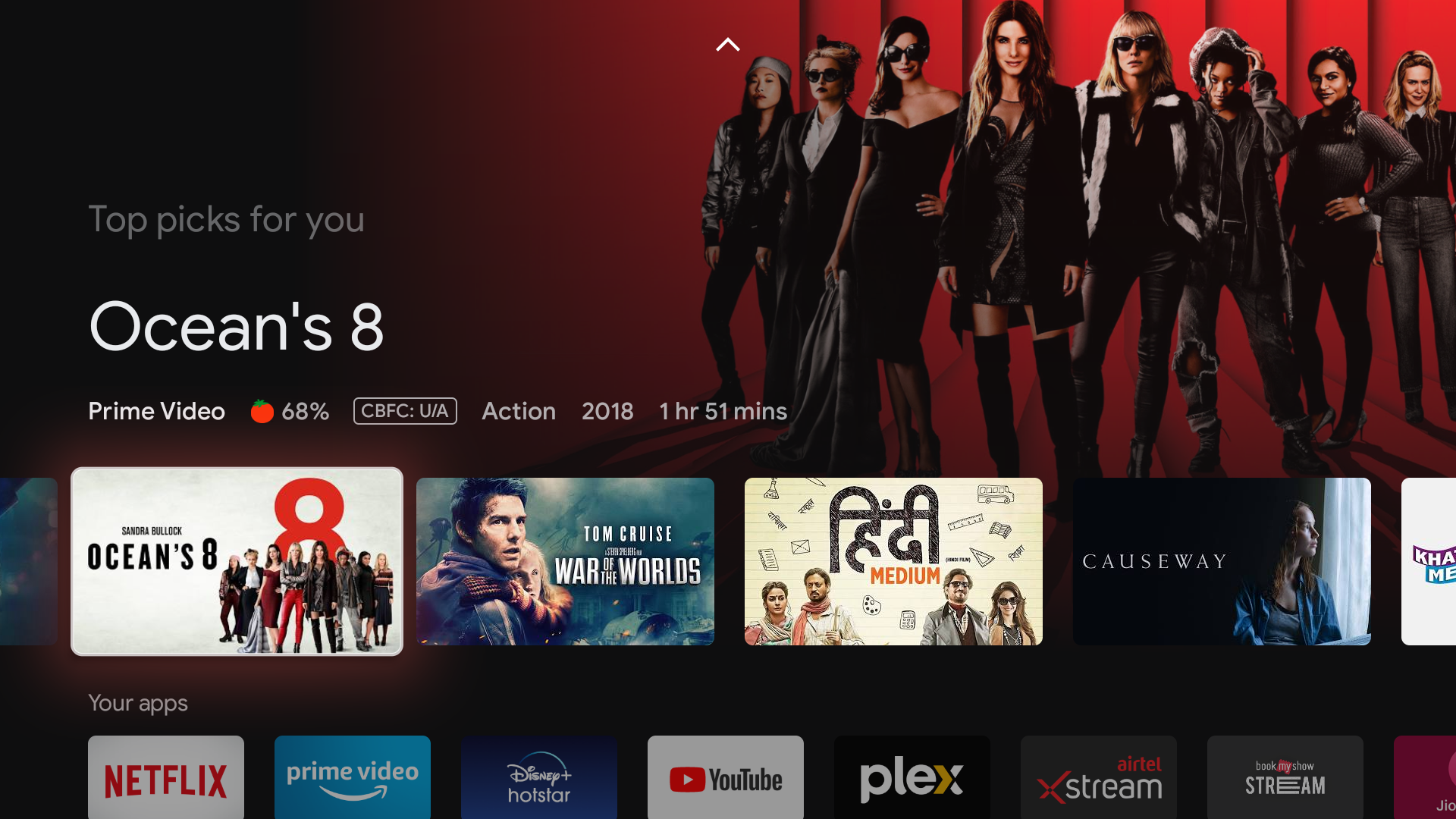 Google TV Screen Render que muestra el arte clave de Ocean 8 y varias otras películas y plataformas de transmisión en una cuadrícula.