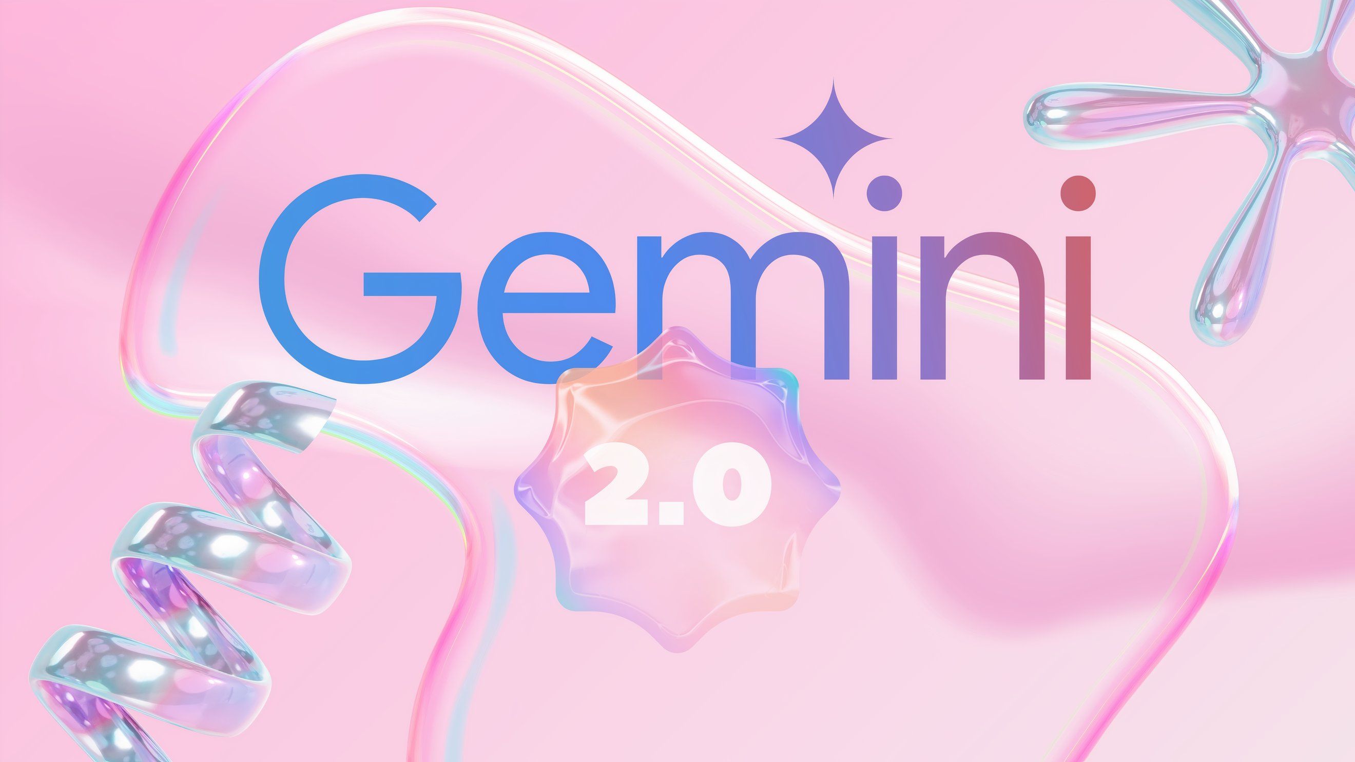 Una ilustración con el logotipo de Gemini 2.0 contra un fondo festivo y rosa