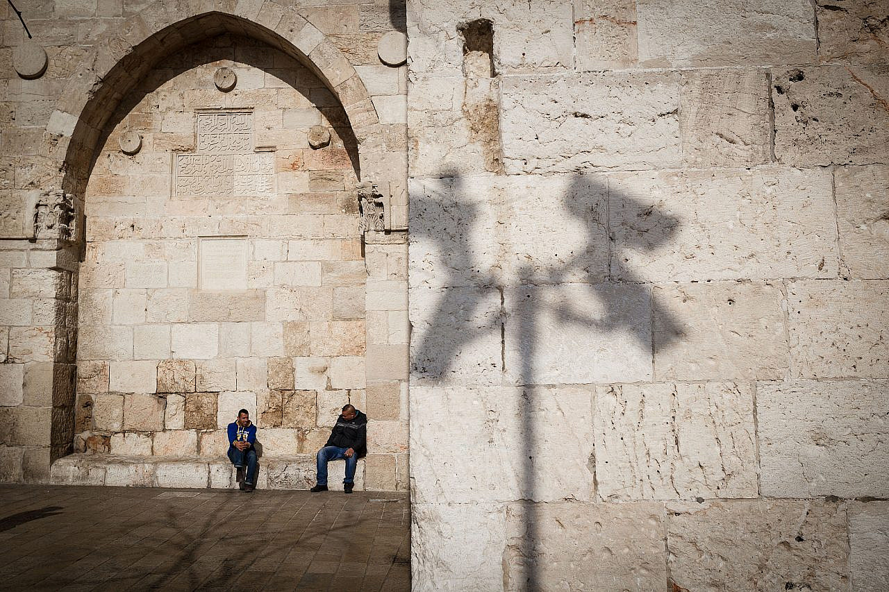 Shadows of police CCTV cameras seen near Jaffa Gate in Jerusalem's Old City, January 30, 2017. (Sebi Berens/Flash90)