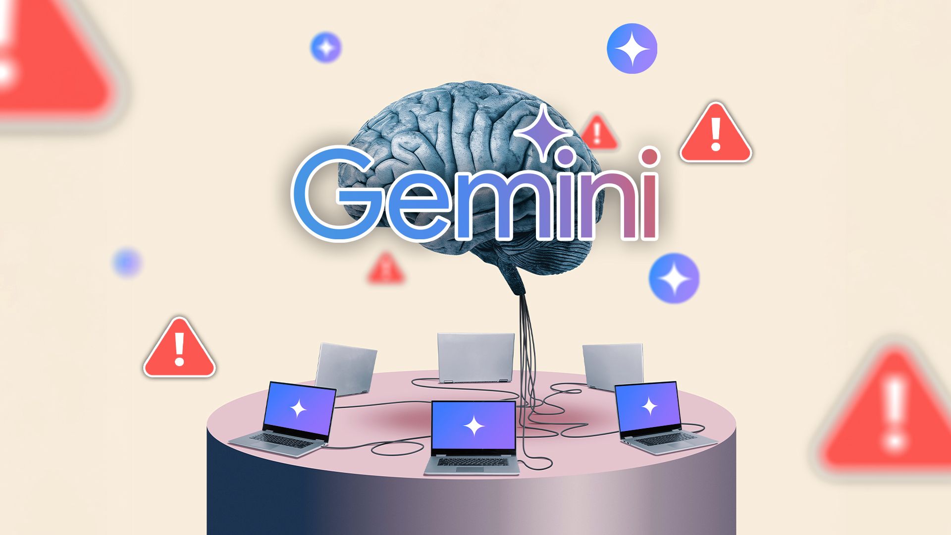 Un cerebro conectado a algunas computadoras portátiles, el logotipo de Géminis en el centro y algunas señales de advertencia.