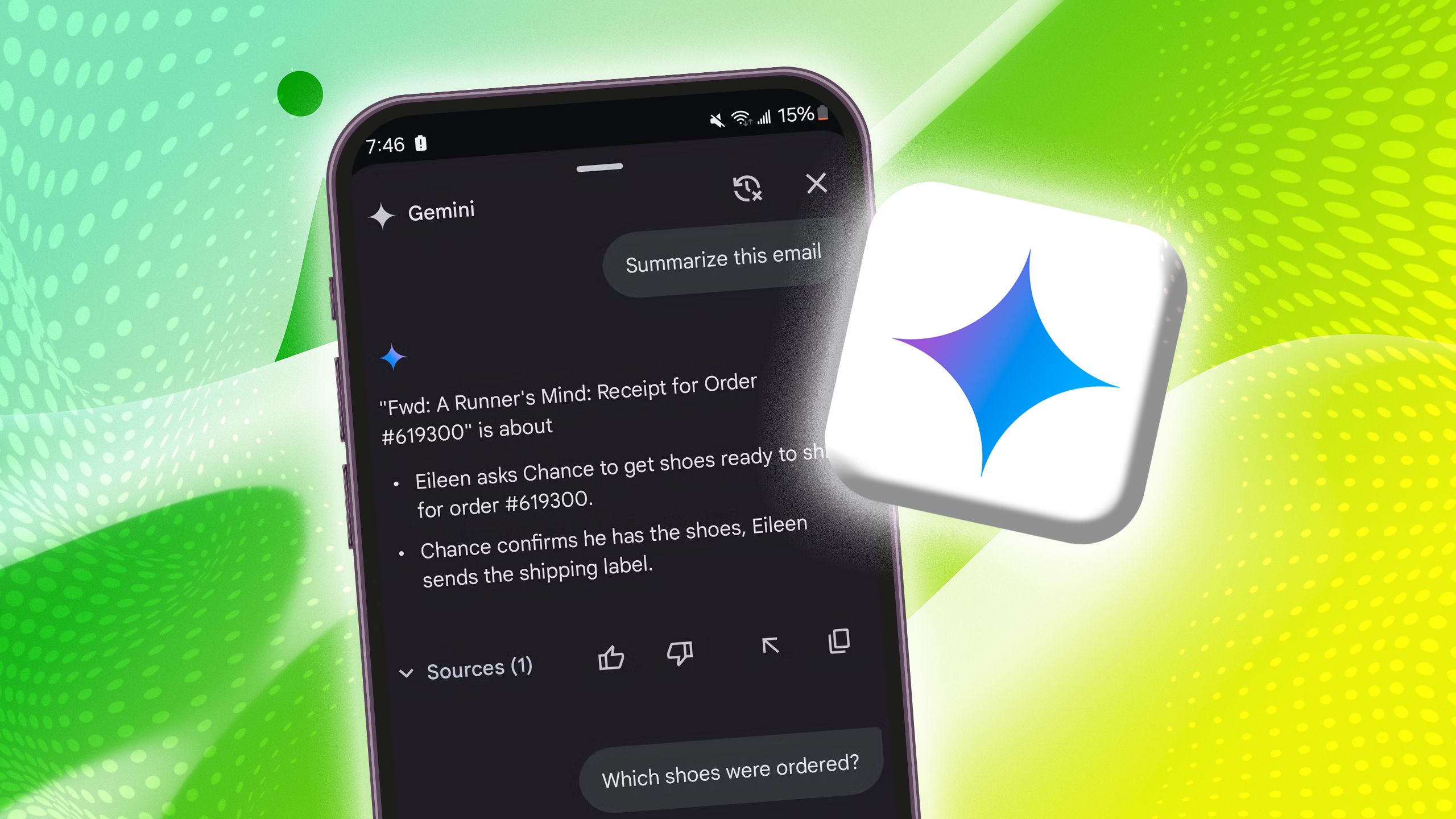 Un teléfono que muestra un chat con Google Gemini al lado del logotipo de Gemini