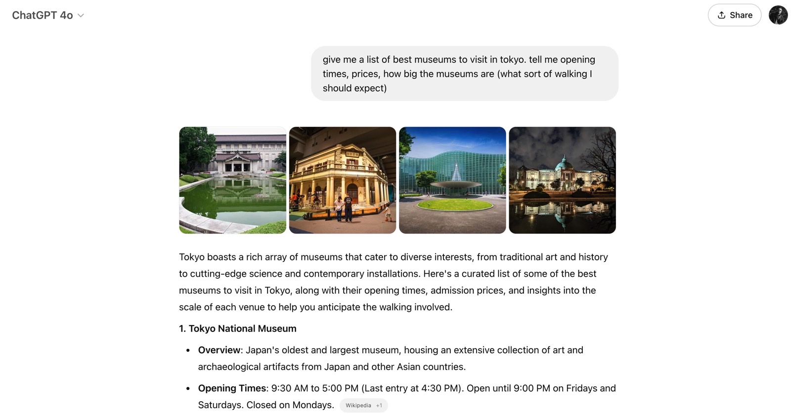 Mi chat de chatgpt de viajes de Tokio comenzó con una solicitud simple para el modelo base GPT-4O.