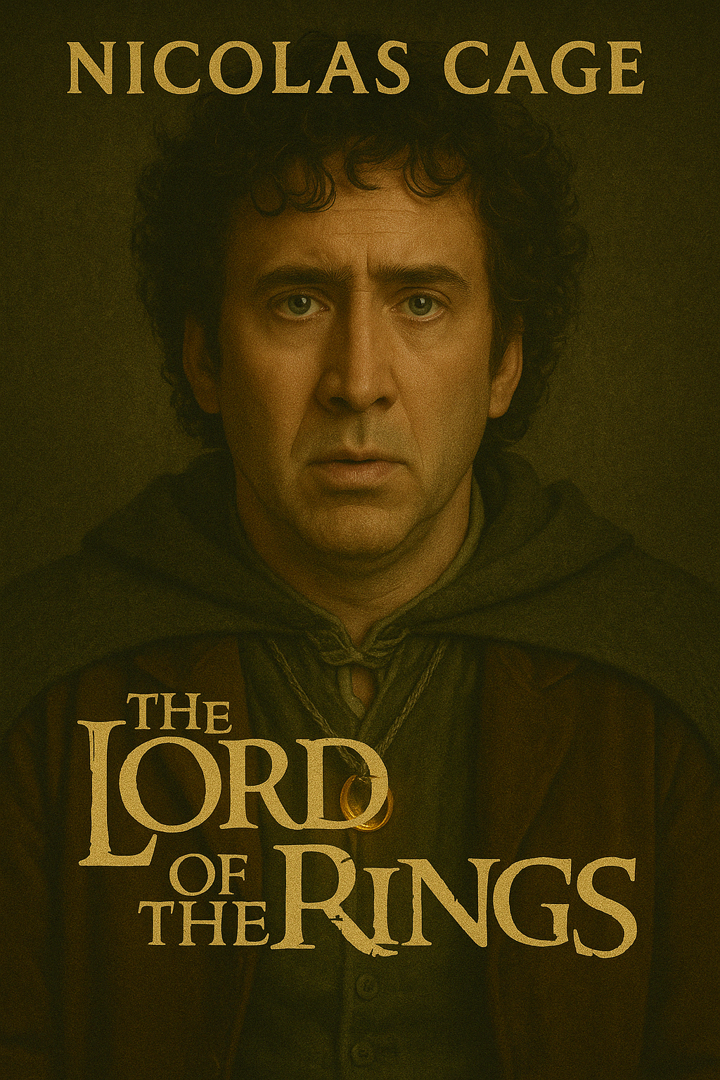 Nicolas Cage como Frodo en un póster de película para el señor de los anillos hecho con chatgpt.