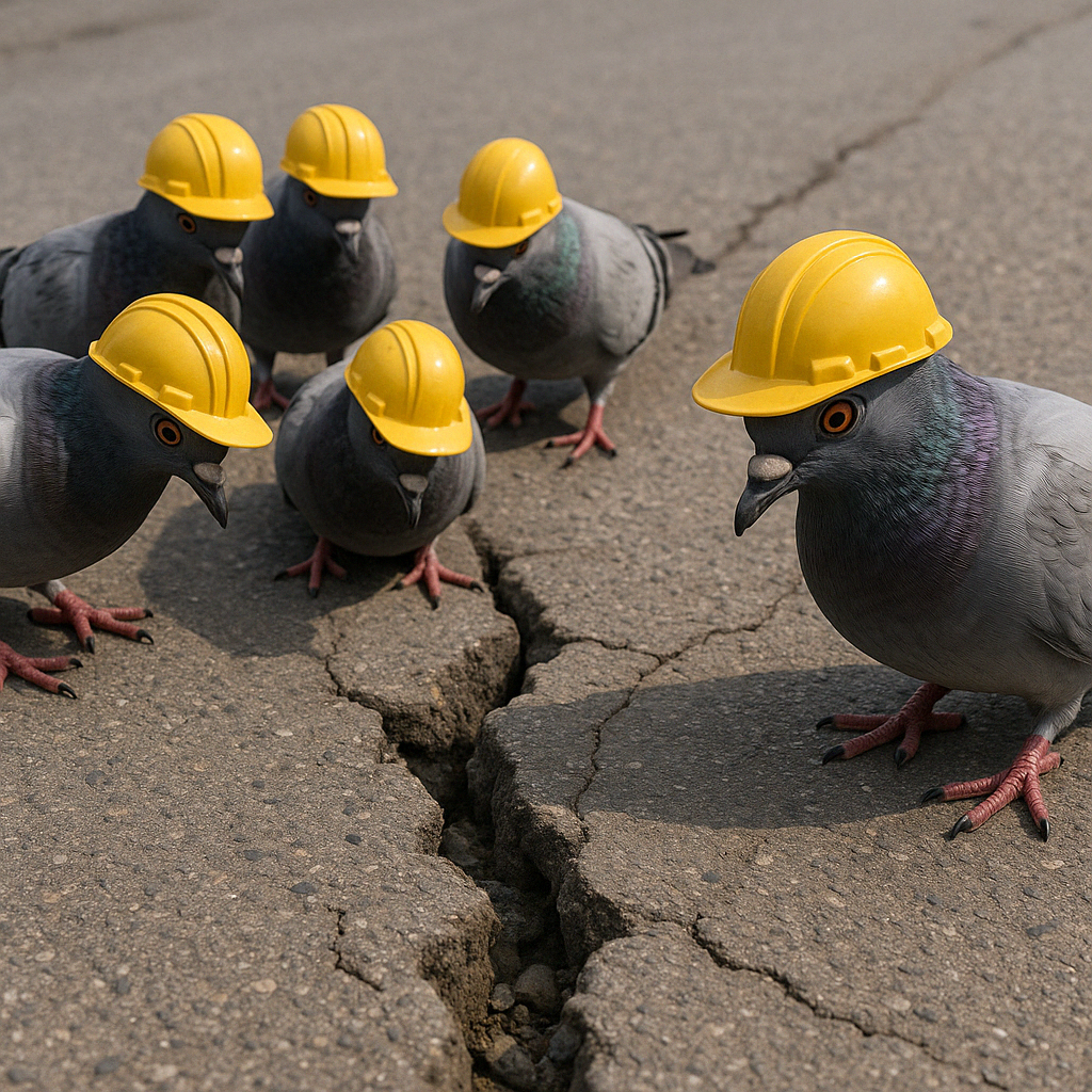 Una imagen fotorrealista generada por Chatgpt de un grupo de palomas en cascos que inspeccionan una grieta en el camino.