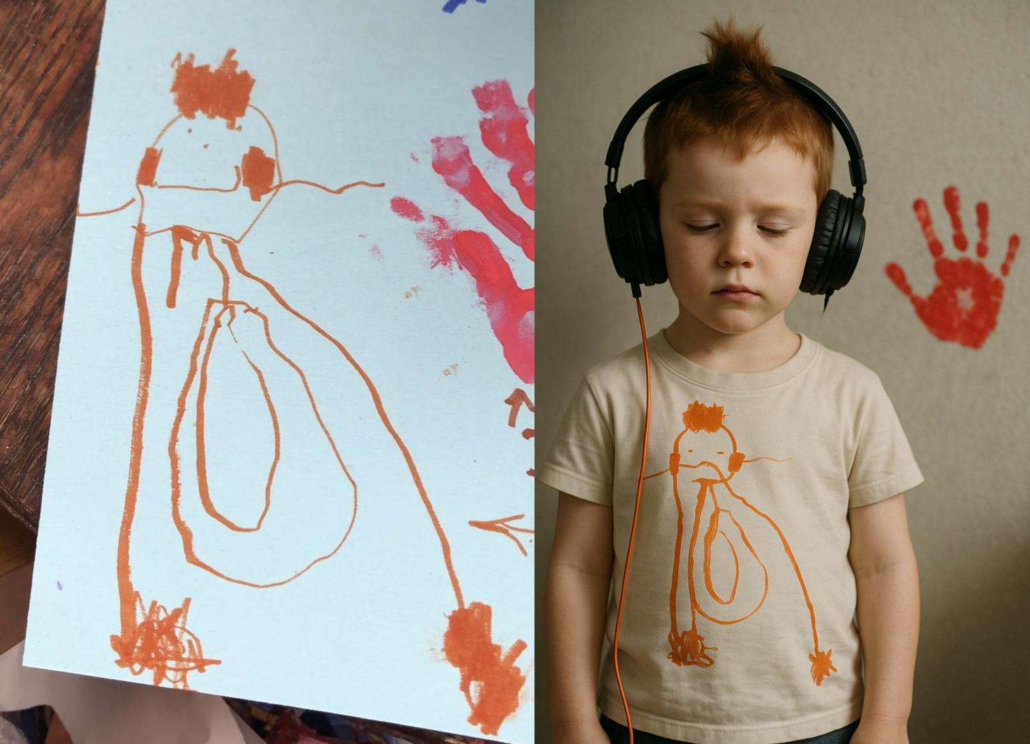 Fotos lado a lado del dibujo de un niño y una imagen fotorrealista generada por ChatGPT a partir de ese dibujo.