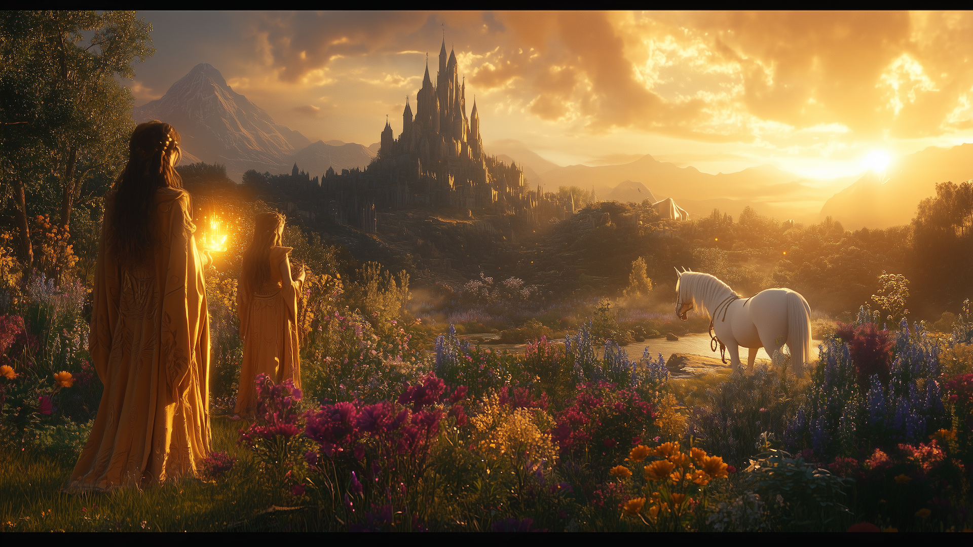 Arte de fantasía creado por MidJourney con bosques y elfos, y también un caballo.
