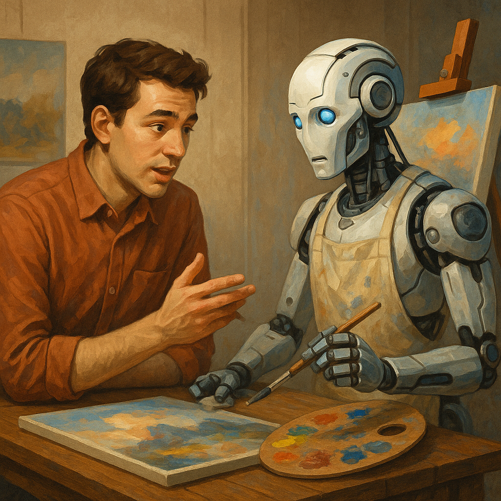Chatgpt Imagen de un hombre que le dice a un robot qué pintar.