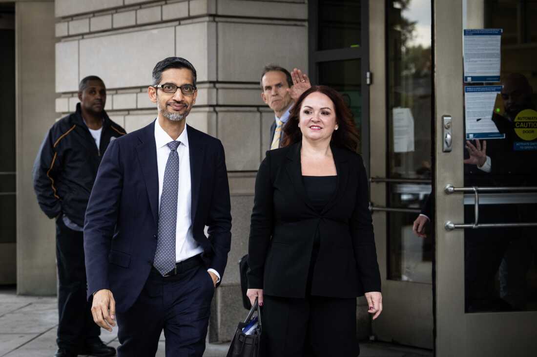 Google and Alphabet CEO Sundar Pichai departs federal court after testifying in October 2023 in Washington, DC. Pichai testified to defend his company in the original antitrust trial. Pichai is expected to testify again during the remedy phase of the legal proceedings.
