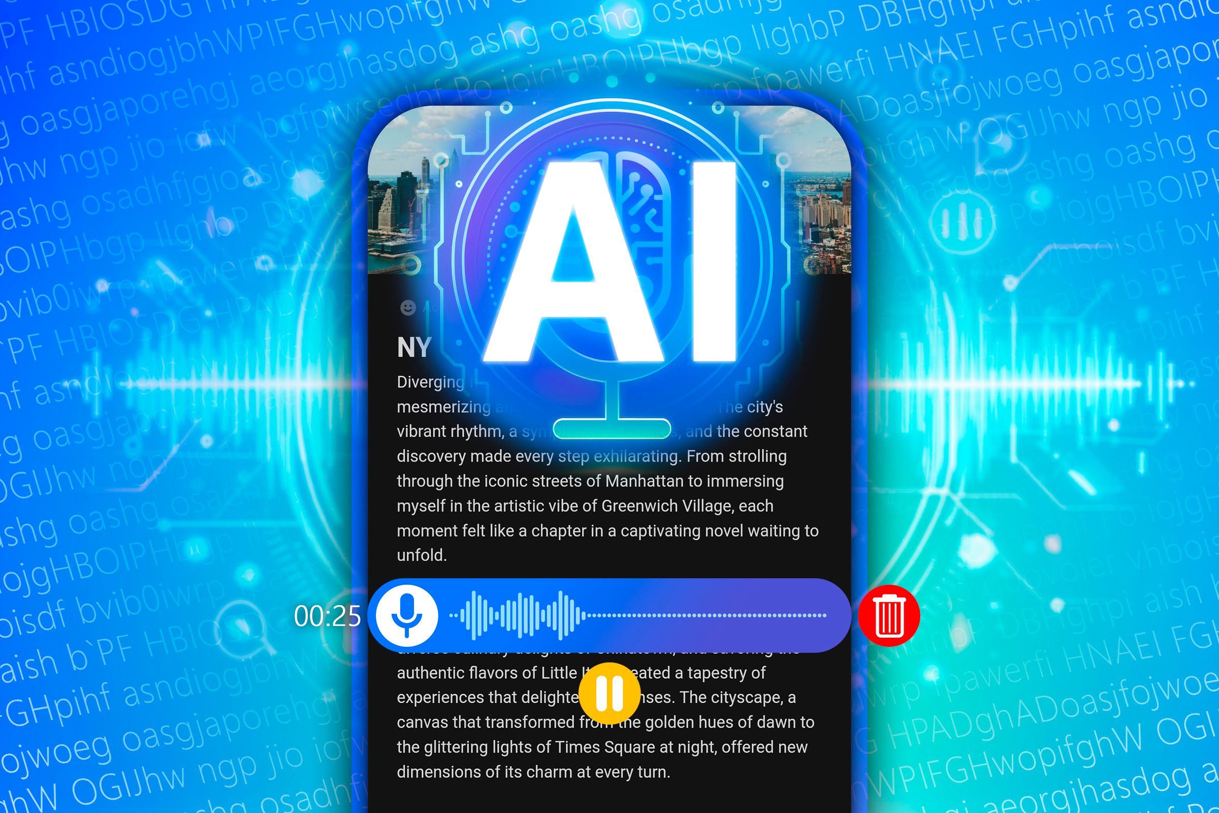 Ilustración de la grabación de voz que se realiza a través de inteligencia artificial, con un teléfono en el fondo que muestra la transcripción de la grabación.