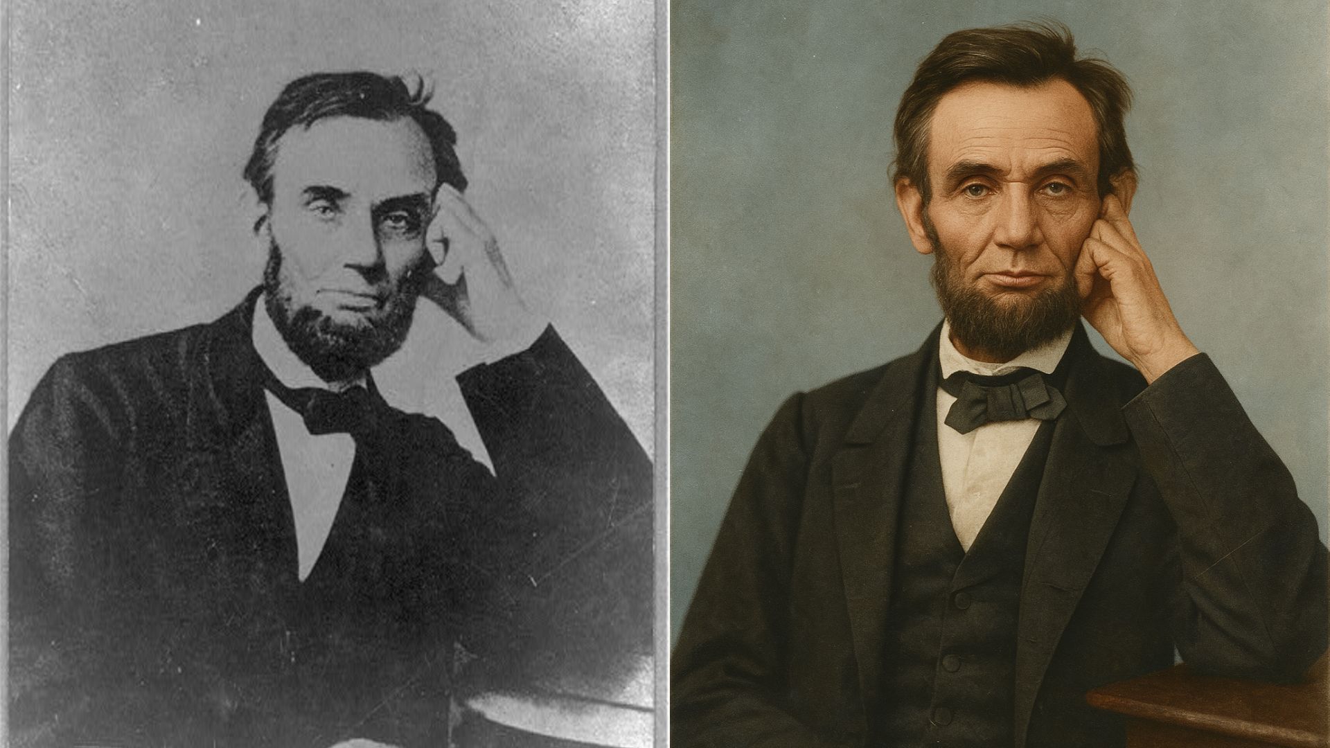Dos imágenes de Abraham Lincoln con una imagen en blanco y negro y una color.