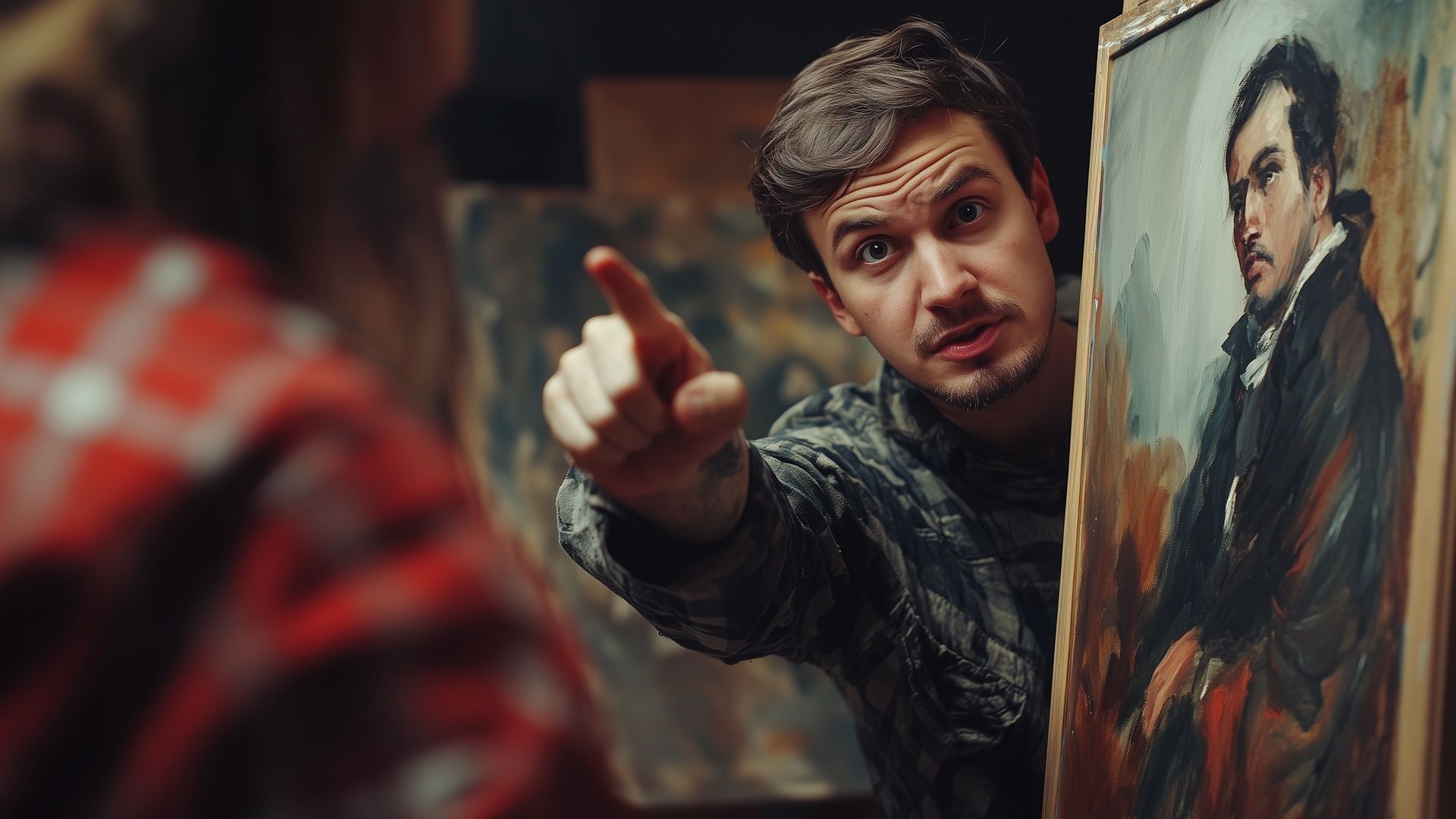 La foto de una persona que señala un dedo acusador a un artista que pinta un retrato.