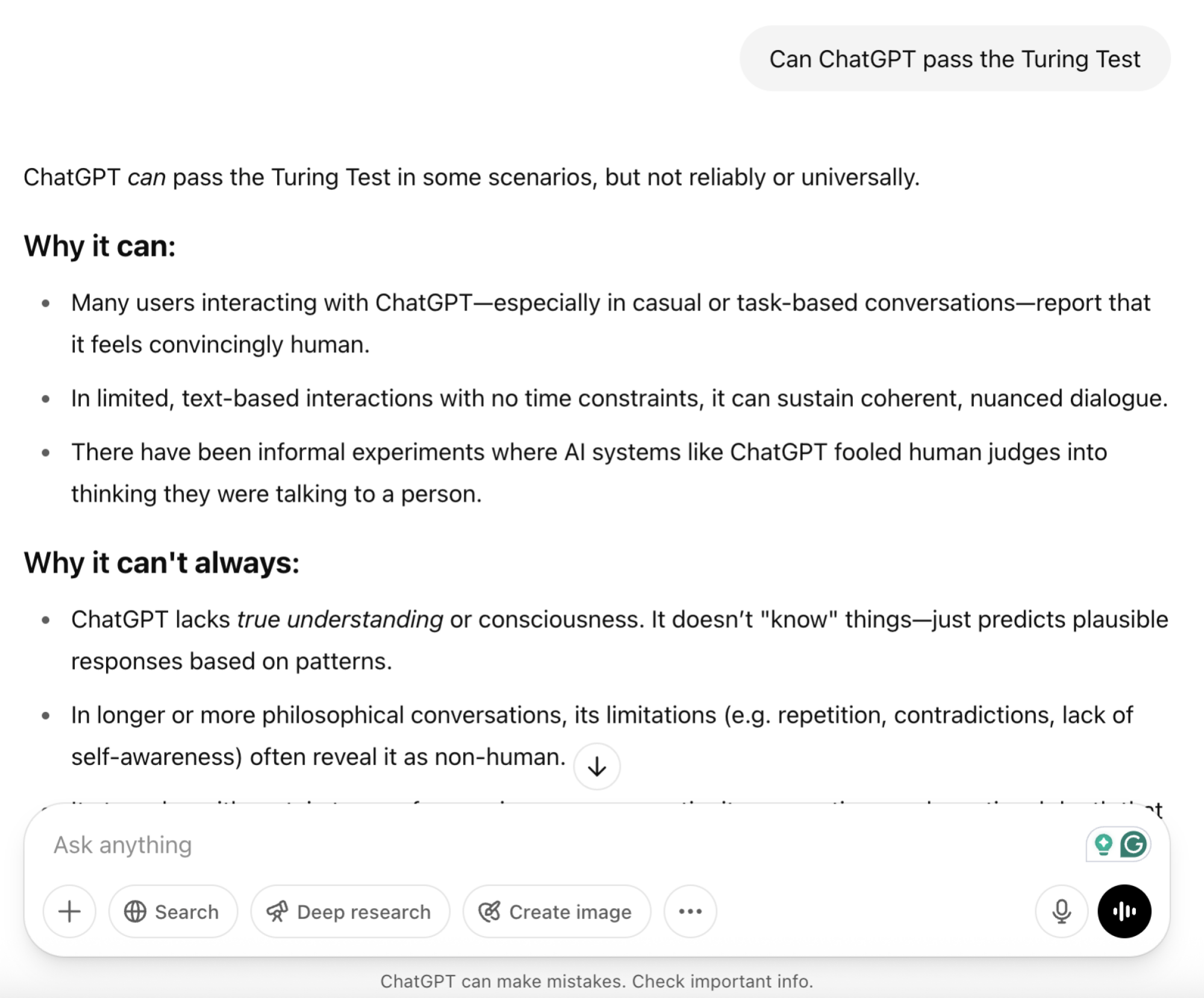 Una captura de pantalla de ChatGPT que muestra la respuesta al mensaje 'puede chatgpt pasar la prueba turing'