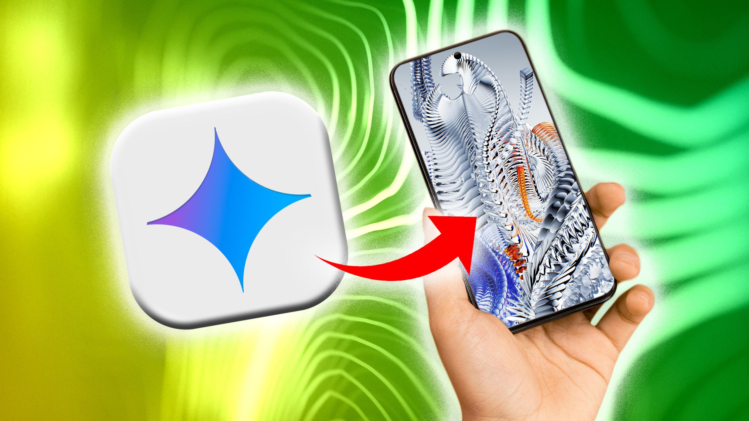 Un teléfono en la mano con un fondo de pantalla abstracto al lado del logotipo de Google Gemini