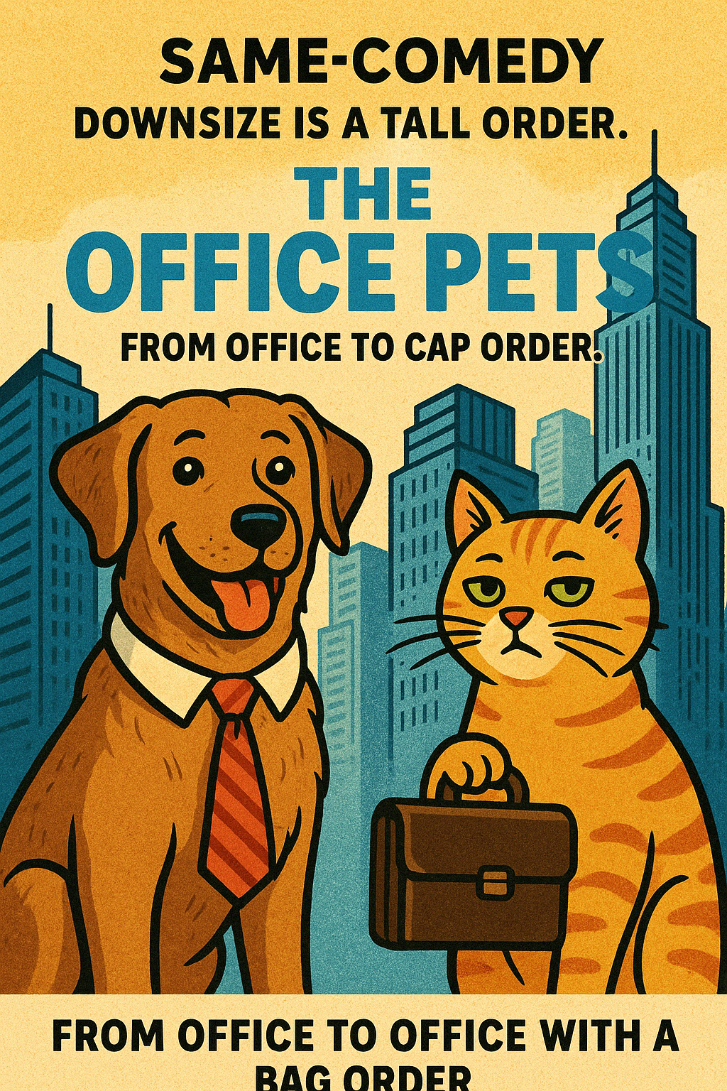 Un póster de la película para una comedia llamada 'The Office Pets', protagonizada por un perro con corbata y un gato con un maletín, con rascacielos en el fondo y un lema divertido