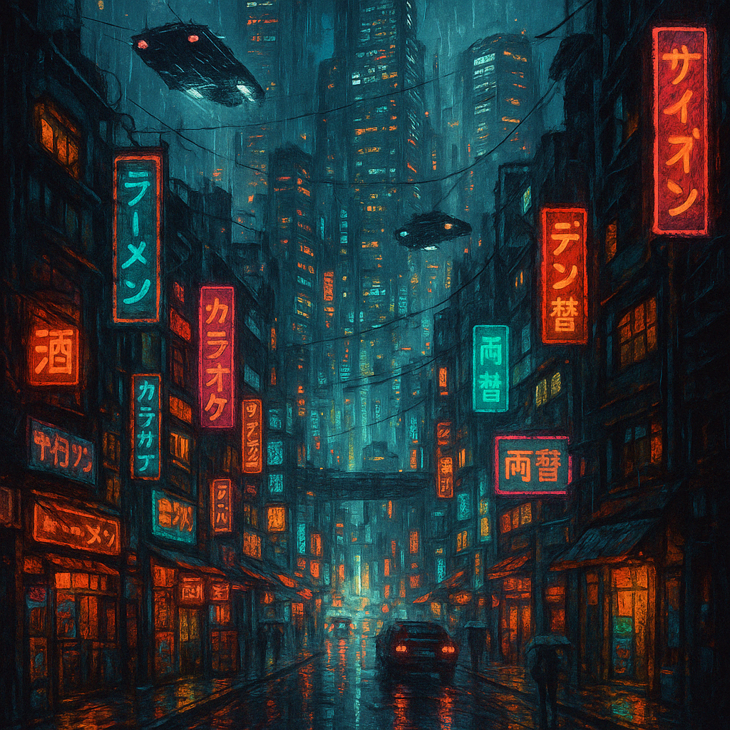 Una extensa ciudad cibernética por la noche, con letreros japoneses de neón, vehículos voladores y calles de lluvia.