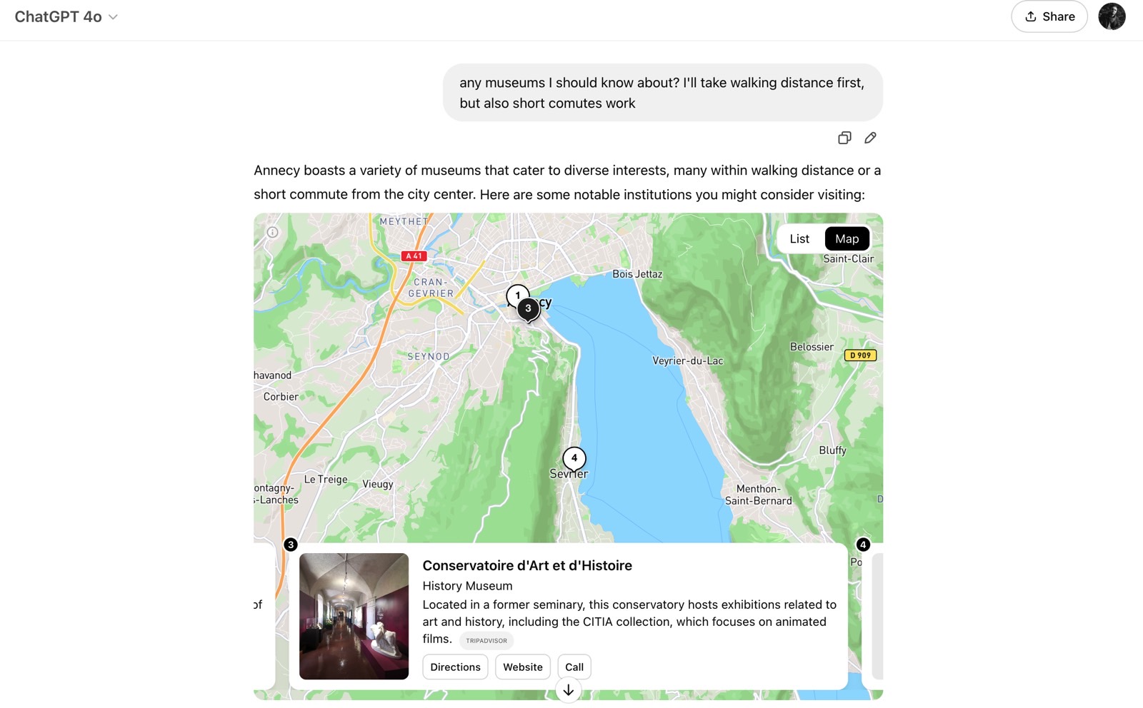 Chatgpt me dio un mapa interactivo en una charla sobre planes de viaje.
