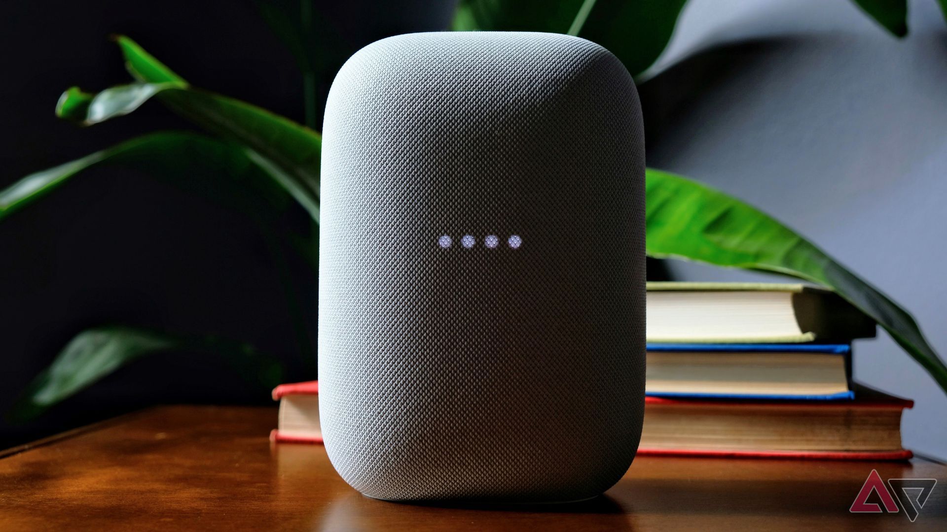 Un altavoz de audio nido frente a una pila de libros.