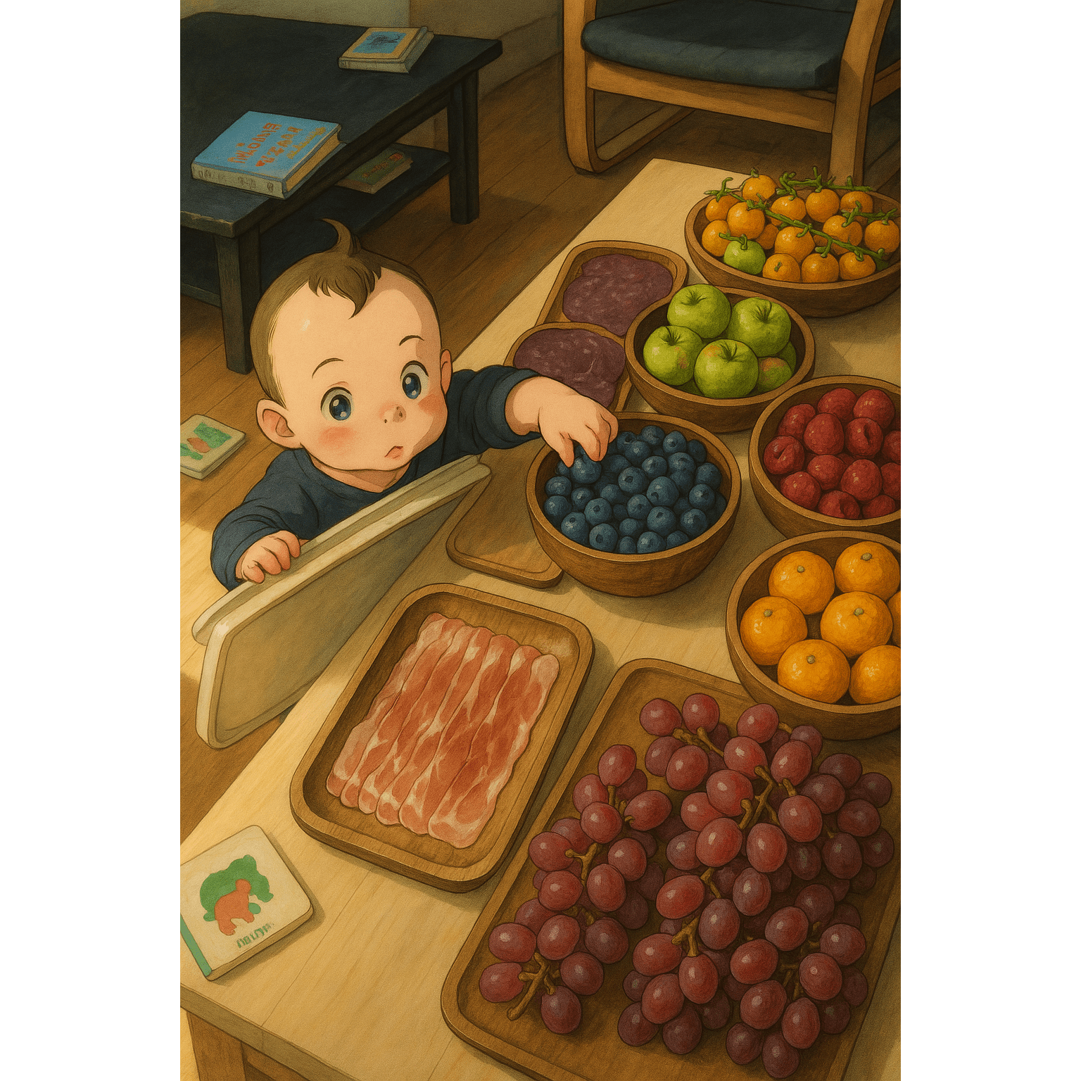 Ghibli-style image of a young boy in front of a spread of fruit and sliced meats, generated by 4o