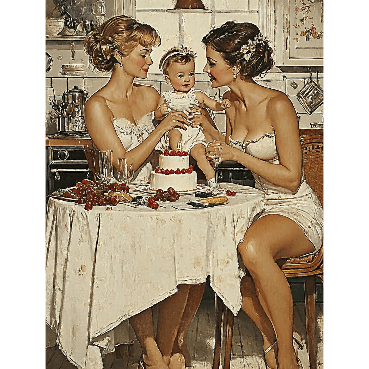 An image generated by Midjourney showing two women smiling and holding a baby while sitting at a kitchen table covered with loose cherries and a cake