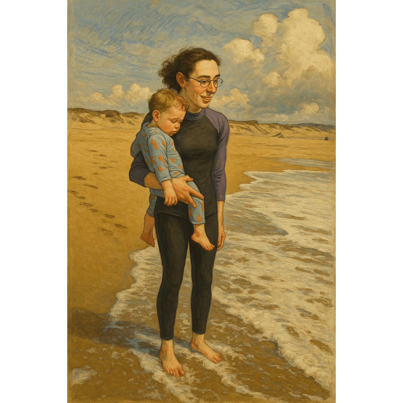 Painterly image of a woman on a beach smiling and holding a young child who is pointing at ocean waves, generated by 4o