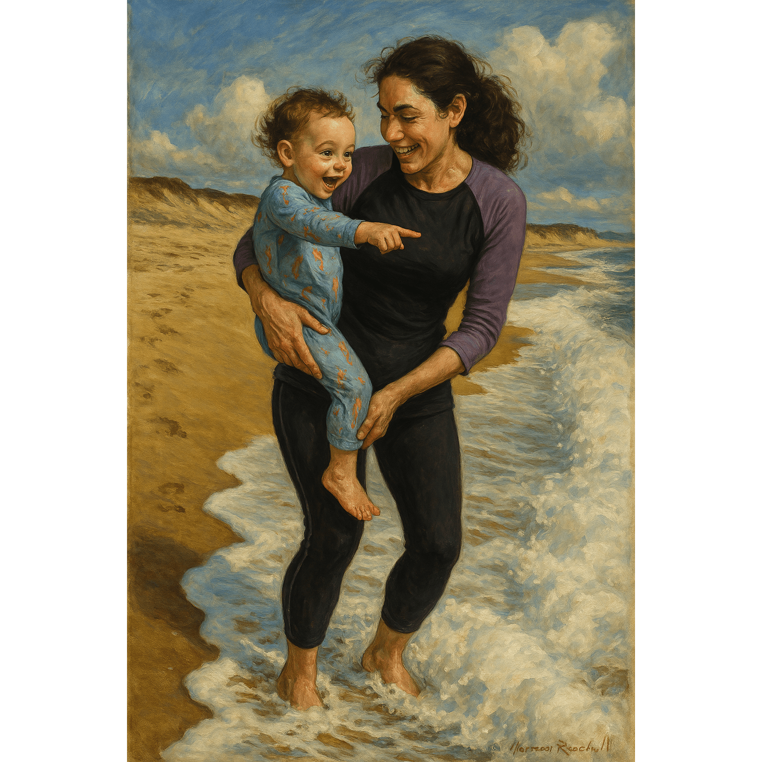 Painterly image of a woman on a beach smiling and holding a young child who is pointing at ocean waves, generated by 4o