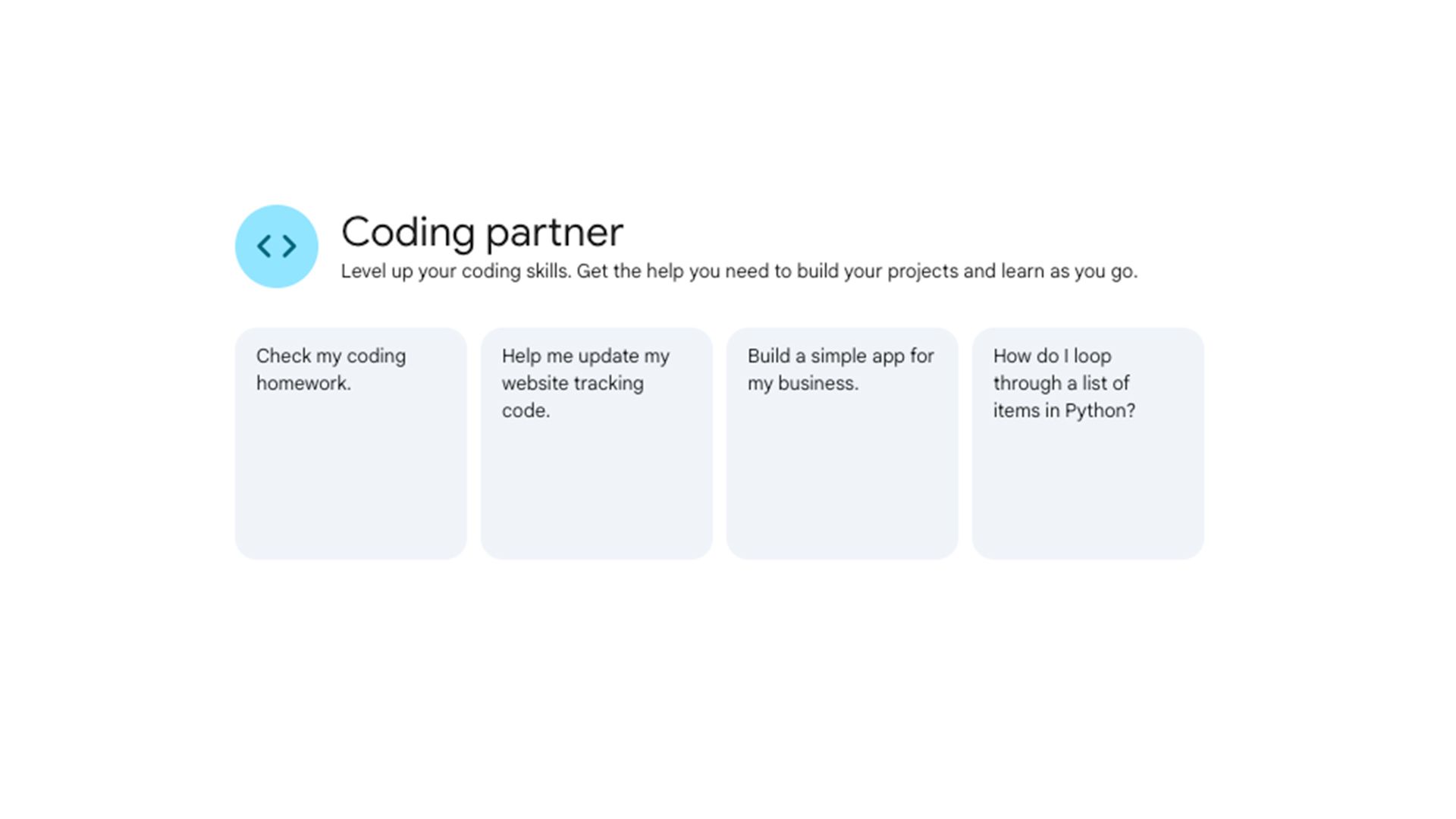 Interfaz GEM de socio de codificación que muestra indicaciones, como verificar la tarea de codificación, actualizar el código del sitio web, la creación de una aplicación simple y los bucles de la lista de Python