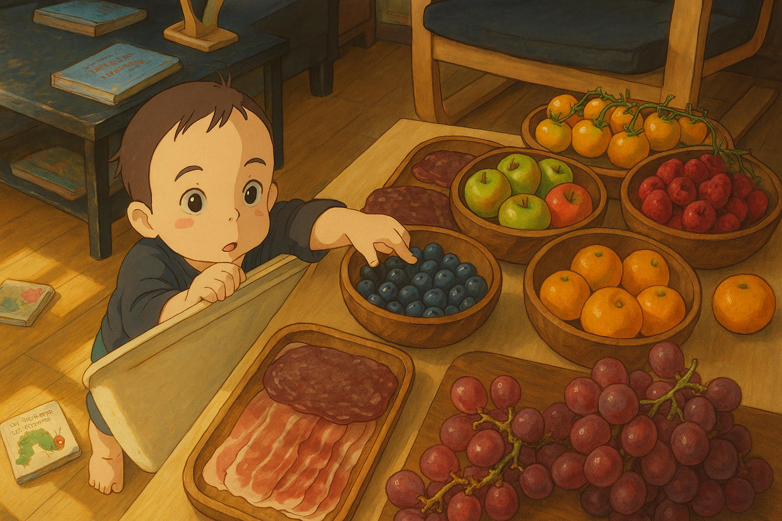 Ghibli-style image of a young boy in front of a spread of fruit and sliced meats, generated by 4o