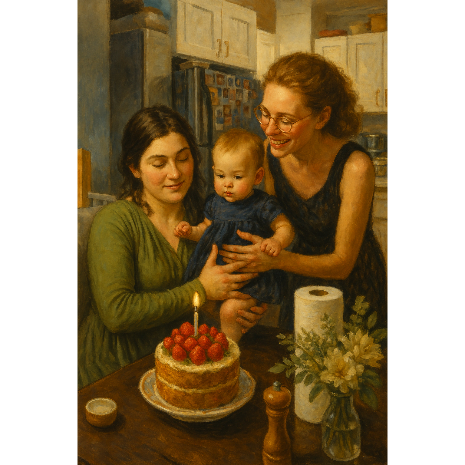 A painterly image of two women smiling and holding a baby close to a birthday cake with a single candle,